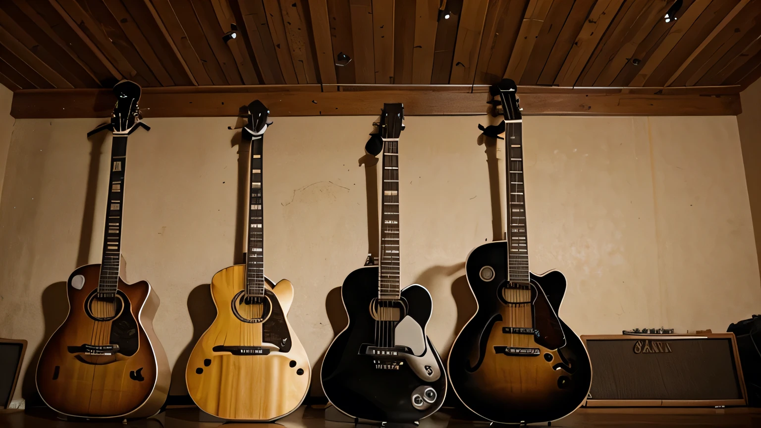 Un background, guitars standing one after the other, guitares acoustiques, dans un bistrot, background,