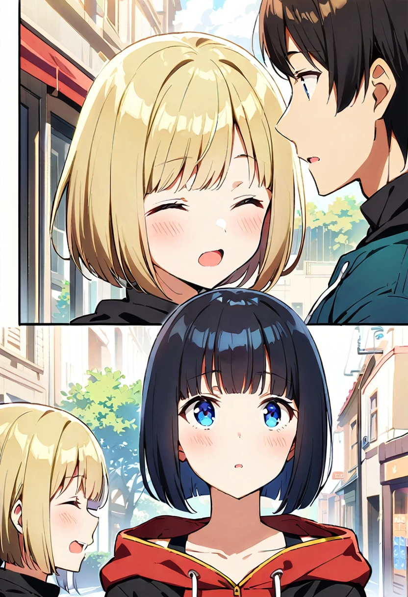 1girl with black hair: bobcut and closed eyes with open mouth, 1boy medium blonde hair and blue eyes, looking at each other, street, blush