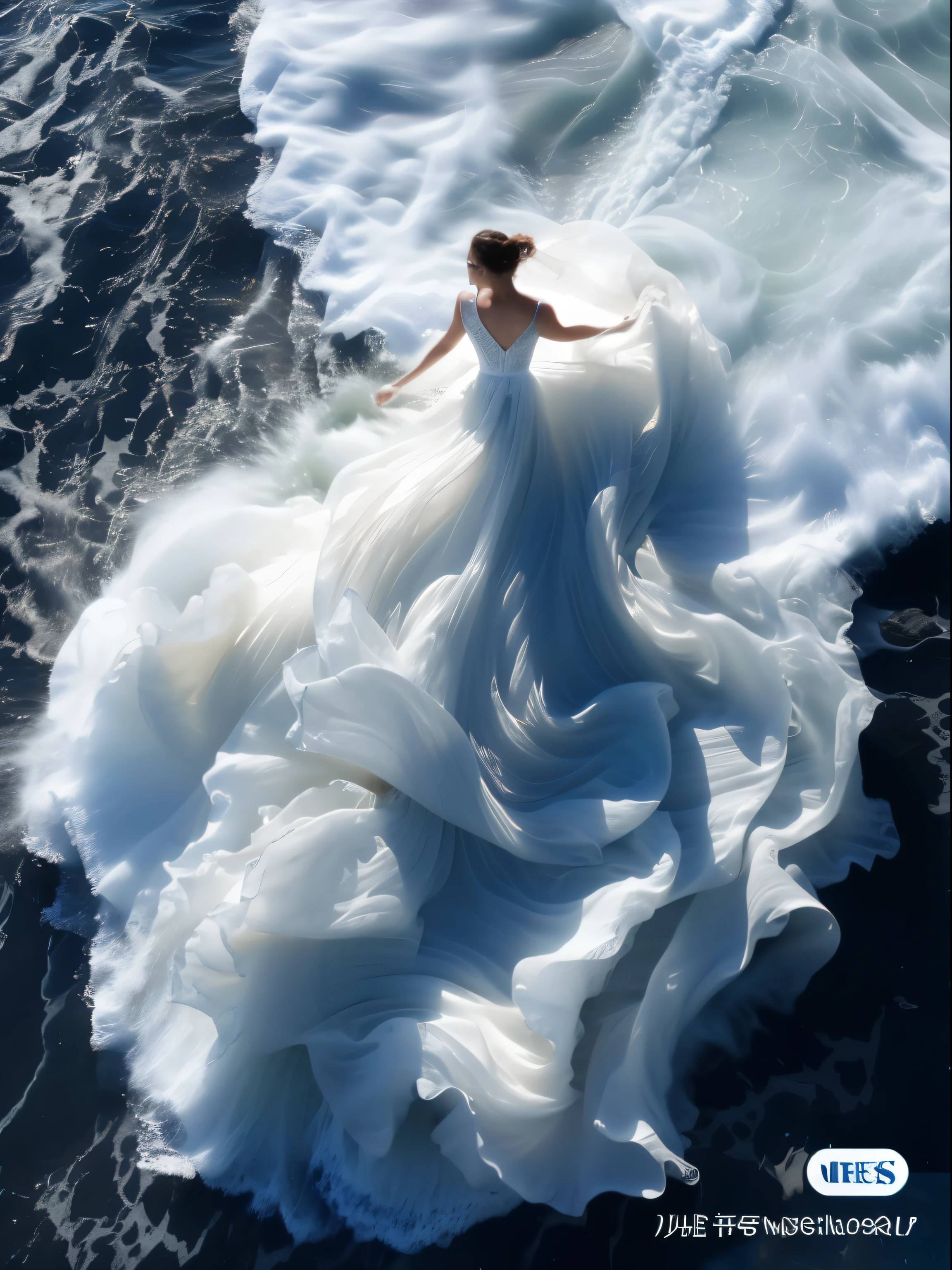 Arad woman in flowing dress standing on the waves of the sea, Wearing a skirt made of water, deusa do mar, flowing dress, Deusa do Mar, ondas crescentes, wearing white flowing dress, lindo tecido fluido, incredible waves, fotos impressionantes, flowing white robes, usando vestidos lindos