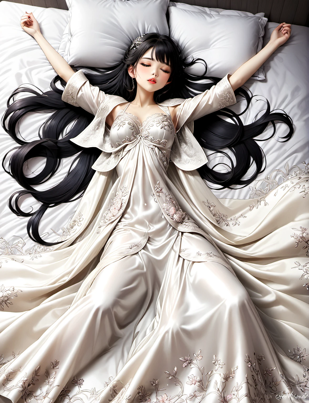 A very beautiful princess, with only her upper body covered in a silk duvet with very shiny embroidery.、Get a good night's sleep　Mode　Beautiful Makeup　Long black hair　blush