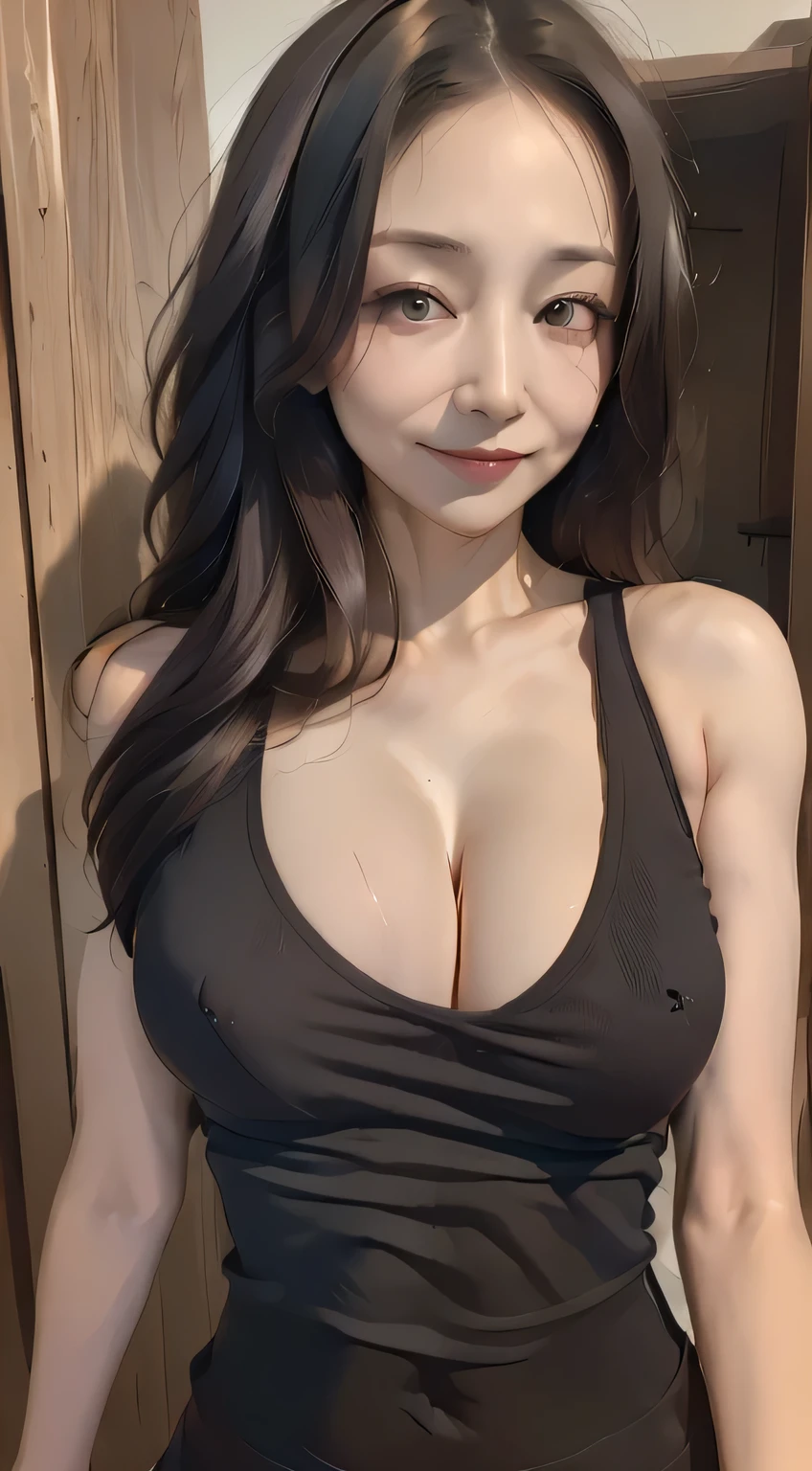 ((highest quality、8k、masterpiece:1.3))、One Girl、Beautiful woman with well-defined abdominal muscles:1.3、Whole Body Ezbian、skinny，(Long-haired、Huge boobs:1.2)、Black underwear:1.2、Very delicate face、Delicate eyes、double eyelid、Laughter、Home、Random color clothes、short hair