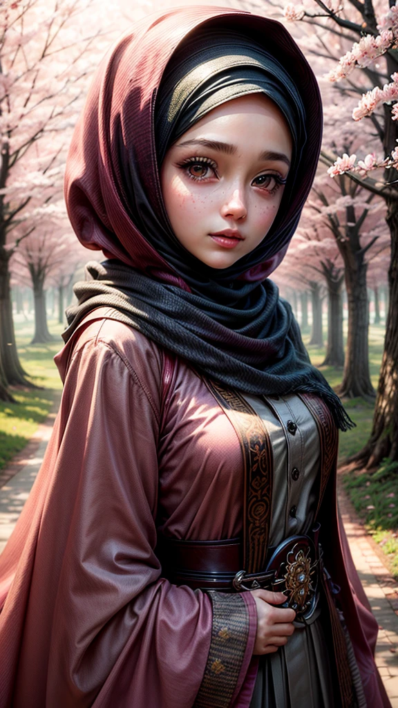 Create a beautifull hijab girl in an outstanding scene of rays of lighting in a cherry blossom forest, hyper realistic texture.