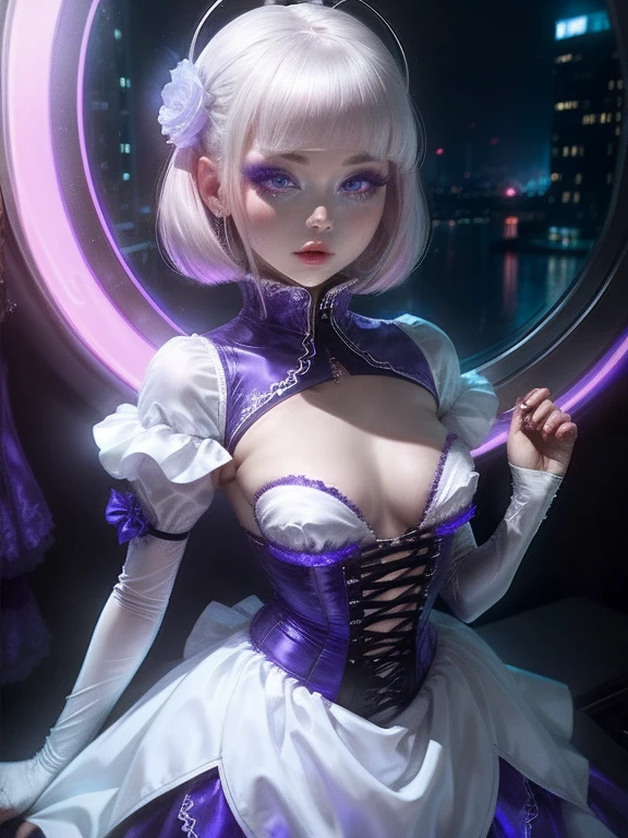 One Woman、Purple Dress、White Hair、((blue eyes))、Captivating eyes、Night view