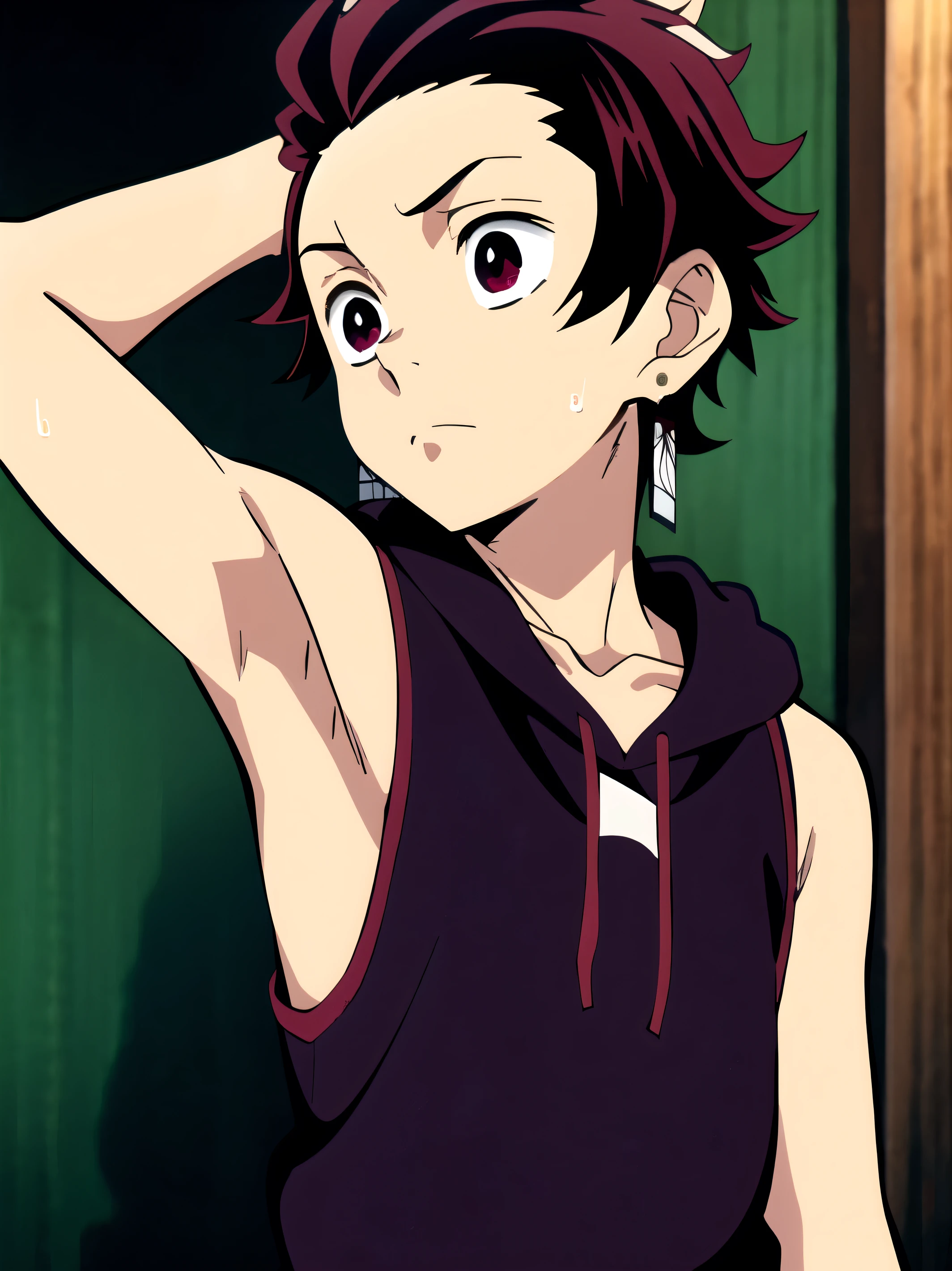 Highres, Masterpiece, Best quality at best,Best Quality,hight quality, hight detailed, 1boy, Tanjirou, Red hair, Earring, Shota, Sleeveless hoodie, Sweat, Slim body, Depth of field, (Showing armpit:1.3), Seen from front, (very small and short stature), (very young boy), 12-year-old boys
