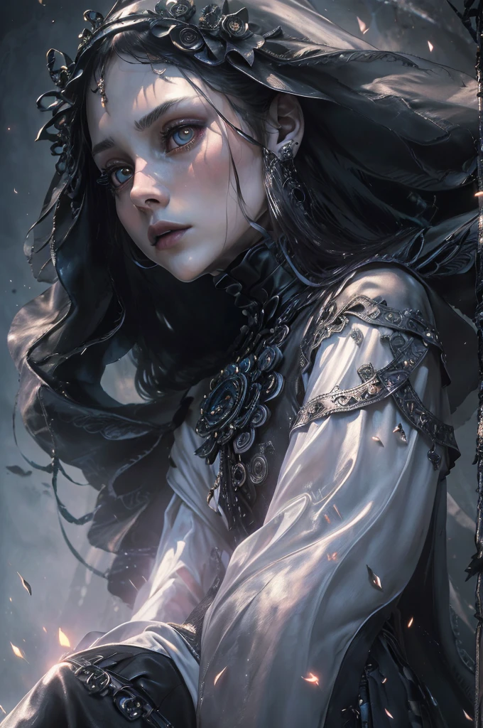((space, Distant stars), (Fantastic image, very beautiful - space girl), (1 girl; 1.3), (Face. figure))). ((Graceful forms. Graceful girl). (high quality), (stylization - animation, realism). (Dark cool colors mixed with warm shades). (angel girl), (photorealistic, Cinematic picture), (high detail, complete black hole, 8K. dynamic expressive image)). ((Very detailed eyes and face))), Beautiful detailed eyes. masterpiece, Best quality, full length portrait, amazing beauty, dynamic pose, нежное Face, and bright eyes)). ((She wears transparent, semi-sheer dress, emphasizing a slim figure). (She's an angel, descended into the underworld. She's a savior, light in the dark kingdom, radiating a soft glow. High detail, Other worlds, light of distant stars), (detail, high quality), (Muffled light, dark environments - the spooky cinematic setting is great)). ((Girl with white skin, realistic detailed skin, clear focus, volumetric mist near the floor, 8K, UHD, SLR camera, high quality, granularity. photorealism, lomography, fantastic dark art, Utopian reality)). ((готическое Face, gothic horror atmosphere, зловещая gothic aesthetics), (gothic art style, creepy gothic portrait, dark fantasy, mixed with realism, gothic aesthetics)).((Realistic black leather)).
