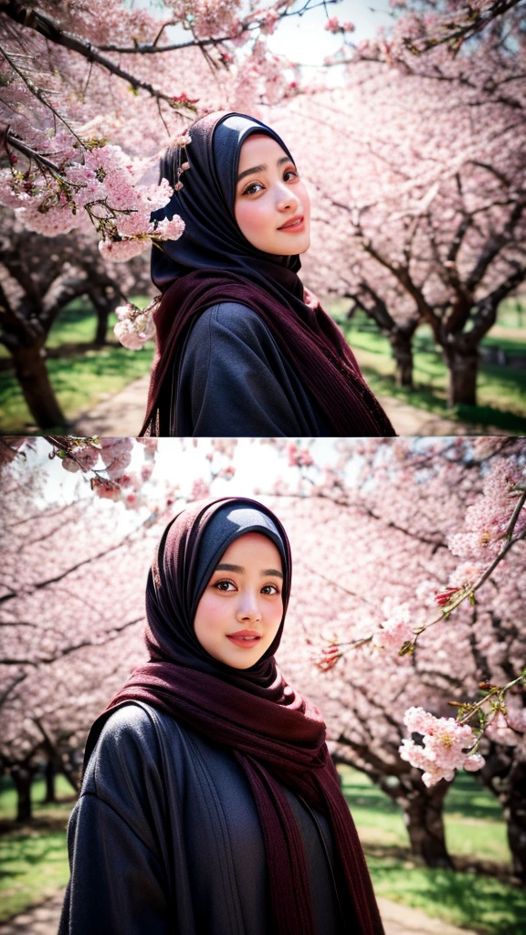 Create a beautifull hijab girl in an outstanding scene of rays of lighting in a cherry blossom forest, hyper realistic texture.