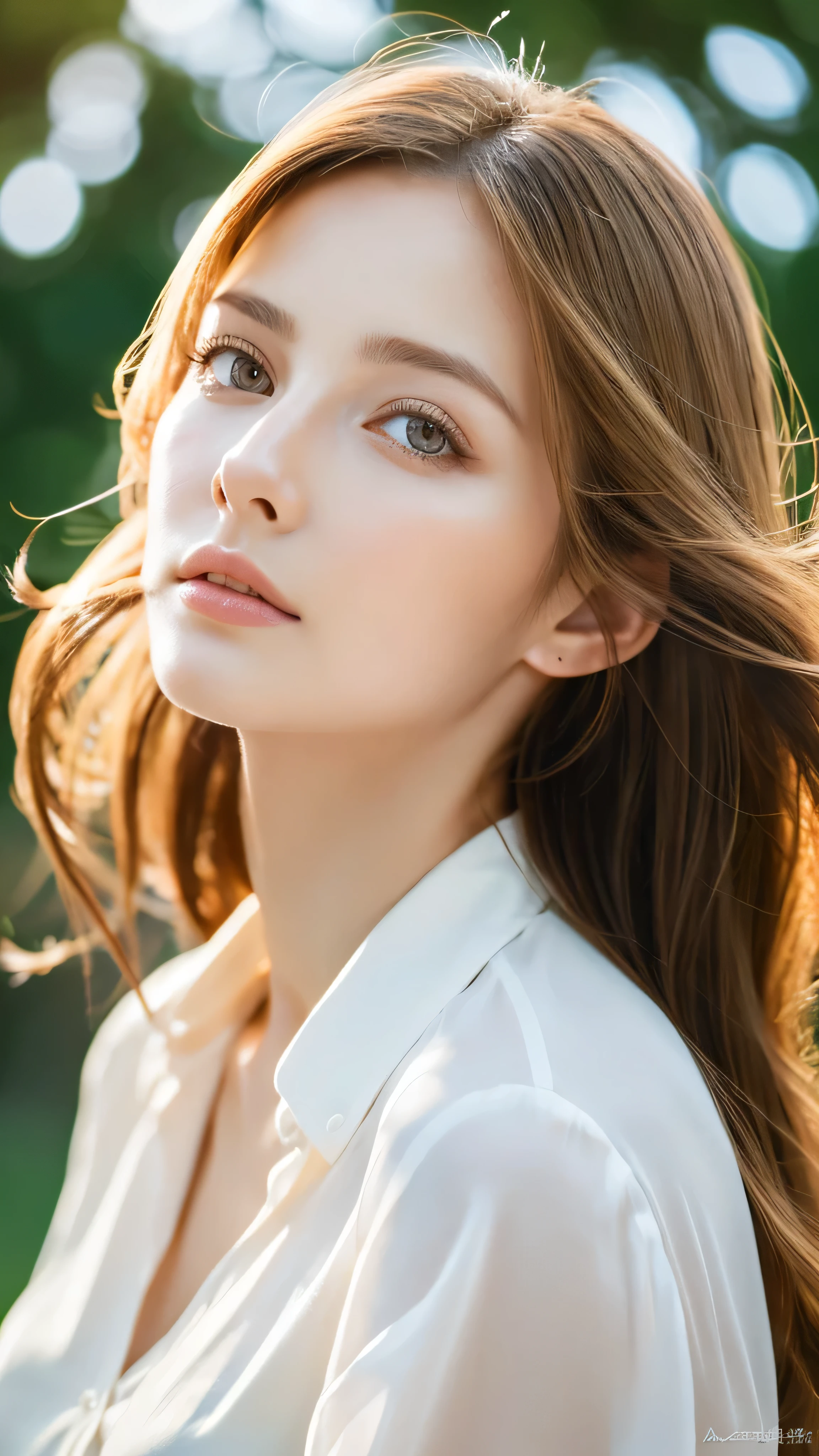 Super detailed, High resolution, realistic, Raw photo, ((real person)), fine skin, (delicate, light brown eyes ), Deutsch adult beautiful anime girl with slanted eyes, calm and calm, bright look、long hair, slender, white shirt, The wind is blowing, we say、photorealistic, masterpiece, highest quality, High resolution, look at me,