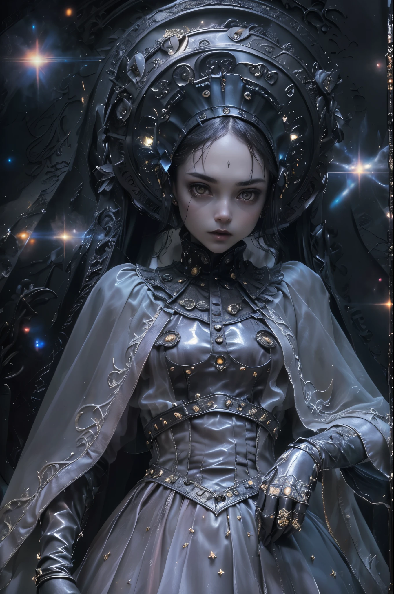 ((space, Distant stars), (Fantastic image, very beautiful - space girl), (1 girl; 1.3), (Face. figure))). ((Graceful forms. Graceful girl). (high quality), (stylization - animation, realism). (Dark cool colors mixed with warm shades). (angel girl), (photorealistic, Cinematic picture), (high detail, complete black hole, 8K. dynamic expressive image)). ((Very detailed eyes and face))), Beautiful detailed eyes. masterpiece, Best quality, full length portrait, amazing beauty, dynamic pose, нежное Face, and bright eyes)). ((She wears transparent, semi-sheer dress, emphasizing a slim figure). (She's an angel, descended into the underworld. She's a savior, light in the dark kingdom, radiating a soft glow. High detail, Other worlds, light of distant stars), (detail, high quality), (Muffled light, dark environments - the spooky cinematic setting is great)). ((Girl with white skin, realistic detailed skin, clear focus, volumetric mist near the floor, 8K, UHD, SLR camera, high quality, granularity. photorealism, lomography, fantastic dark art, Utopian reality)). ((готическое Face, gothic horror atmosphere, зловещая gothic aesthetics), (gothic art style, creepy gothic portrait, dark fantasy, mixed with realism, gothic aesthetics)).((Realistic black leather)).