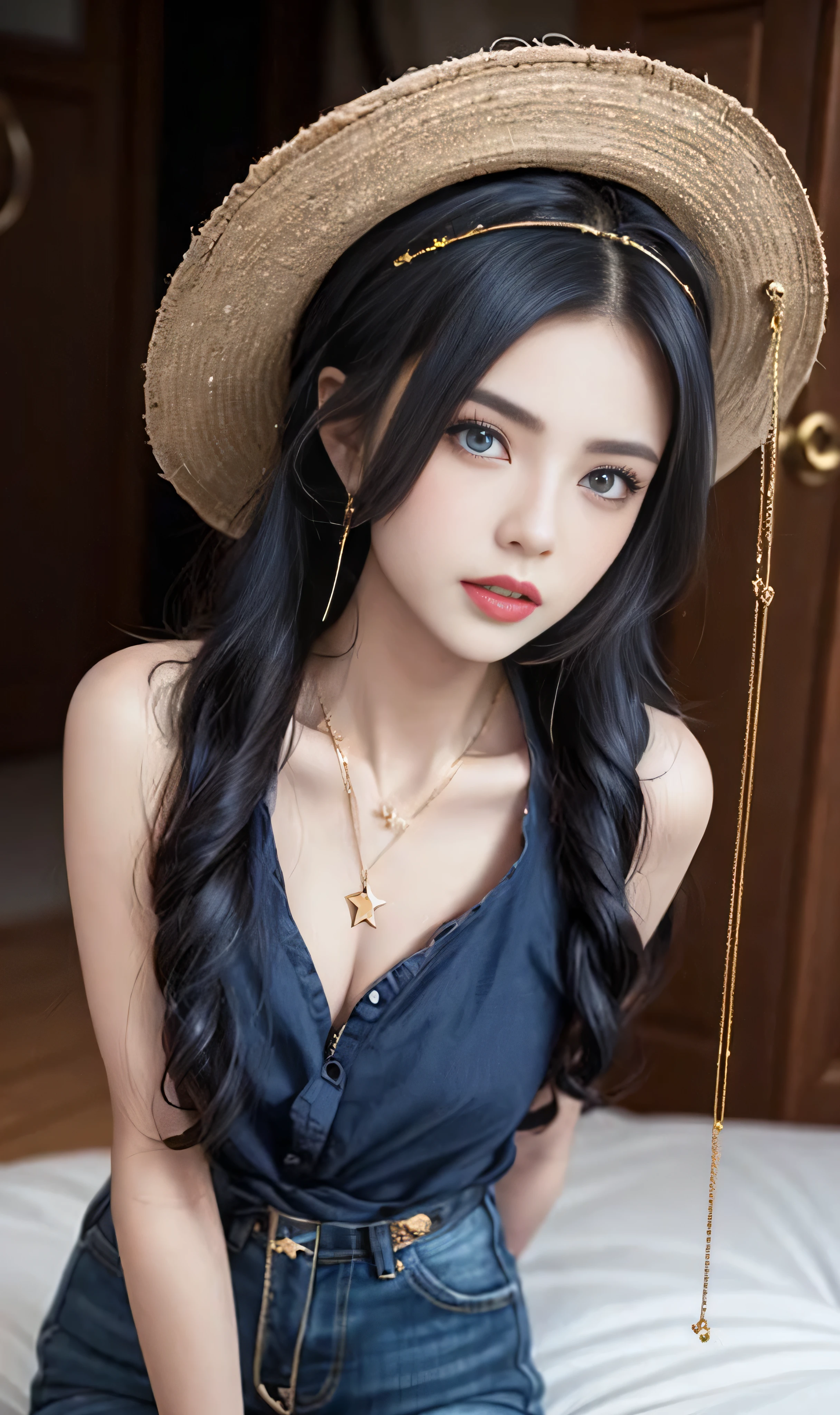 roxy migurdia, 1girll, bangs, Black tiara, Witch hat, Blue eyes, Blue hair,The clothes are fitted with gold edges（gilded with gold）Star pupil hair ornament necklace jewelry