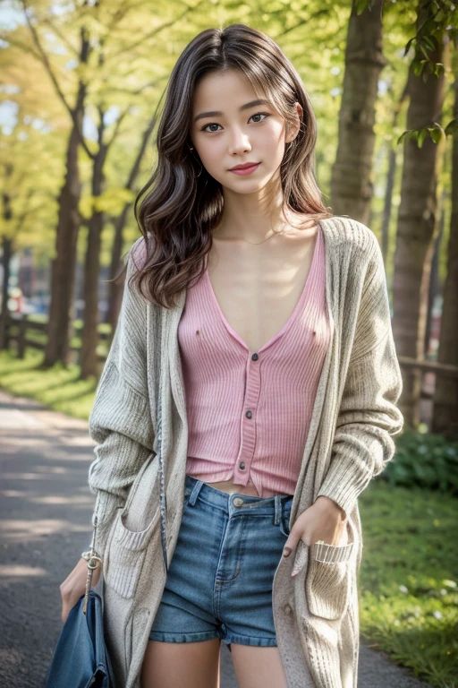 Best Quality, Masterpiece, Beautiful and Aesthetic, 16K, (HDR: 1.4), High Contrast, Bokeh: 1.2, Lens Flare, (Vivid Colors: 1.4),cinematic lighting,depth of field, film lighting, ambient light, side light, exquisite details and textures, cinematic lens, warm tones, (bright and intense: 1.2), wide-angle lens, hyper-realistic, (knee-length view), BREAK 1 girl,Japanese,22 yo,beautifull detailed face,A smile with a little visible teeth,(Slender body:1.5),((Wearing a cardigan)),pastel clothing, ((Have a small handbag)), Beautiful detailed skin,Skin Texture,Floating hair,((fluffy hairstyle)),Black semi-long wavy hair, saggying breasts with good shape,(cleavage),cheerful pose,day,daylight,outdoor,braless,