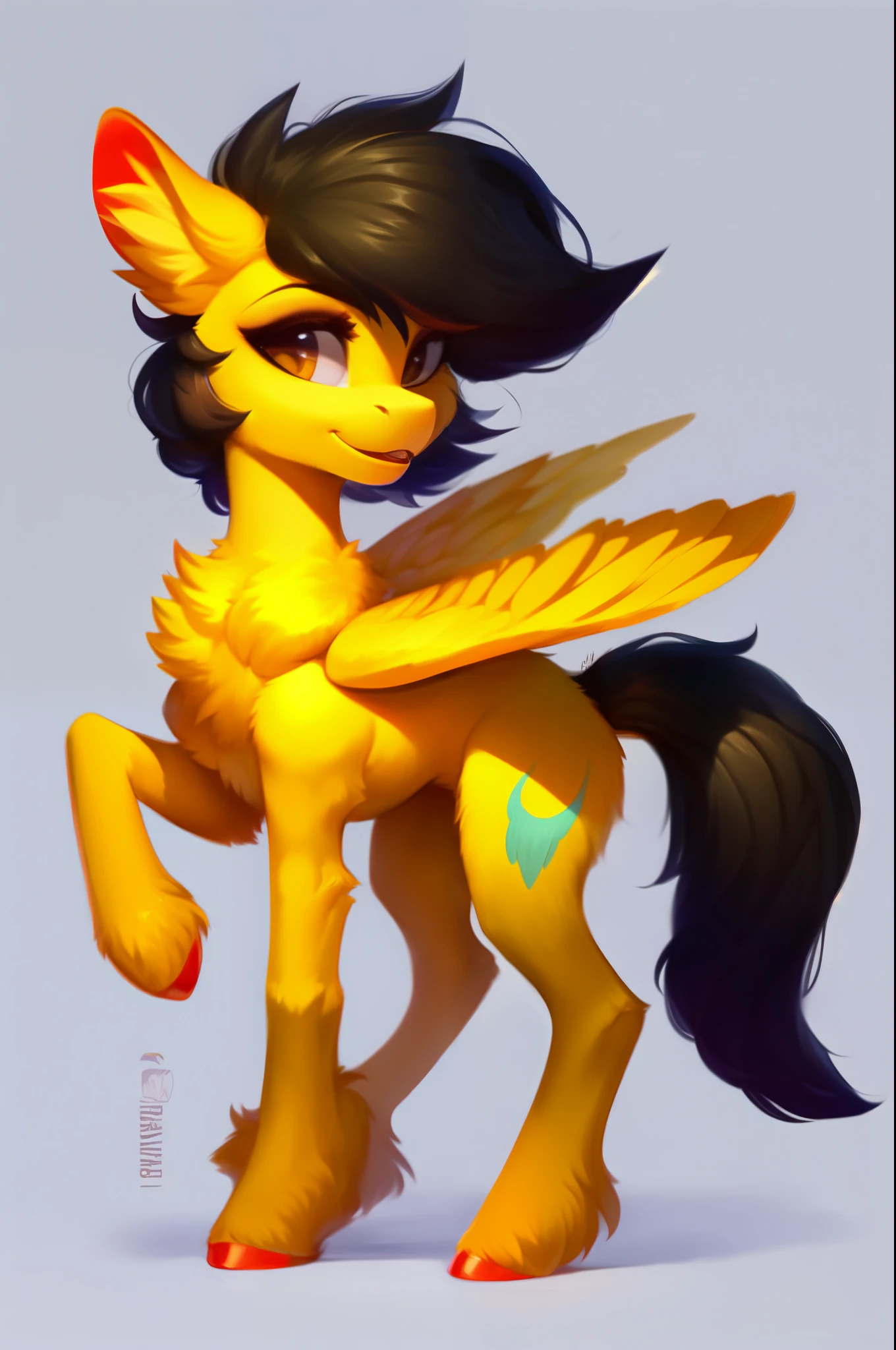 rating_safe, score_9, fluffy, feral pegasus pony, yellow body, short black hair, plain background, full body