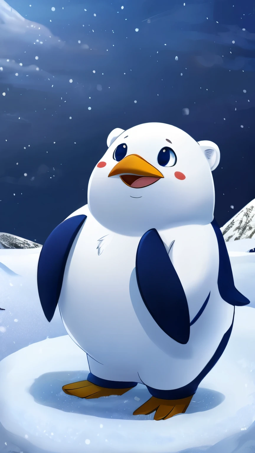 A cute penguin in which an animated version is in charge with a small polar bear that is next to him and that they are in the snow or on the ice