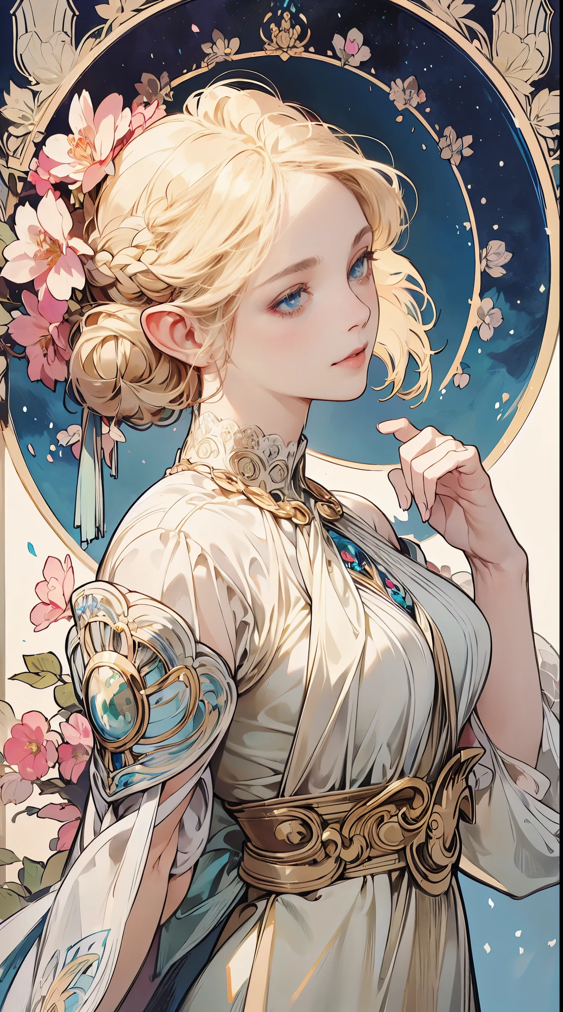 (masterpiece), best quality, ultra-detailed, illustration, detailed light, an extremely delicate and beautiful elf girl, deep blue eyes, light smile, (from front), (face focus), hands together, an aerial garden where flowers are in full bloom, petals dance, nice hands, perfect hands, (from above), asymmetrical bangs:1.3, artoria style Braid Bun, short hair, white blonde hair, E-Cup:1.2, highly detailed face and eyes. By Alphonse mucha.