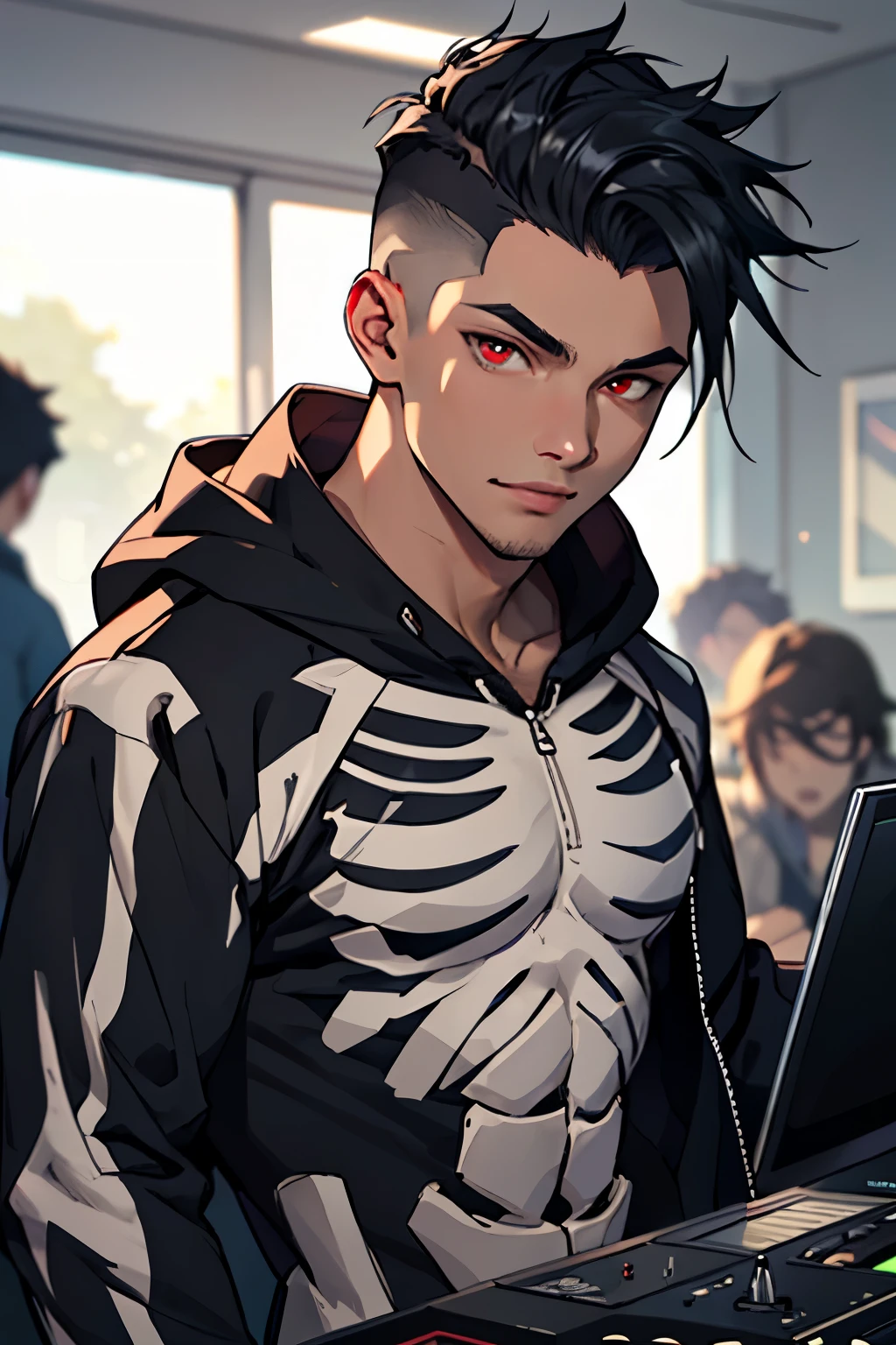 ((Best quality)), ((masterpiece)), (detailed), perfect face guy DJ,a skeleton,red-eyed,shaved scales,Undercut,black hairstyle,in a sweatshirt