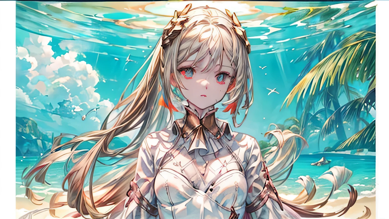 masterpiece、Boutique、Ultra HD,official art,girl,There is a broken light in the eyes,white hair,Multi-color,ocean,glowing plant,There are fish nearby,(((red mixed gold eyes)))(((The whole person is in the water)))