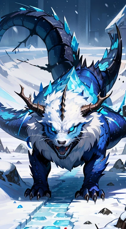frost Dragon,Dragon maiden,(maiden:1.3), Dragon maiden,dragon scales, dragon horns, dragon tail, blue robe, blue shawl, blue eyes, plump body, Ice, snow, winter, snow flying,shattered earth, (Descent: 1.1), rocks flying, (Attack the ground: 1.1), trampling ground, broken ground, ice crystal shards, ice shards, broken world,