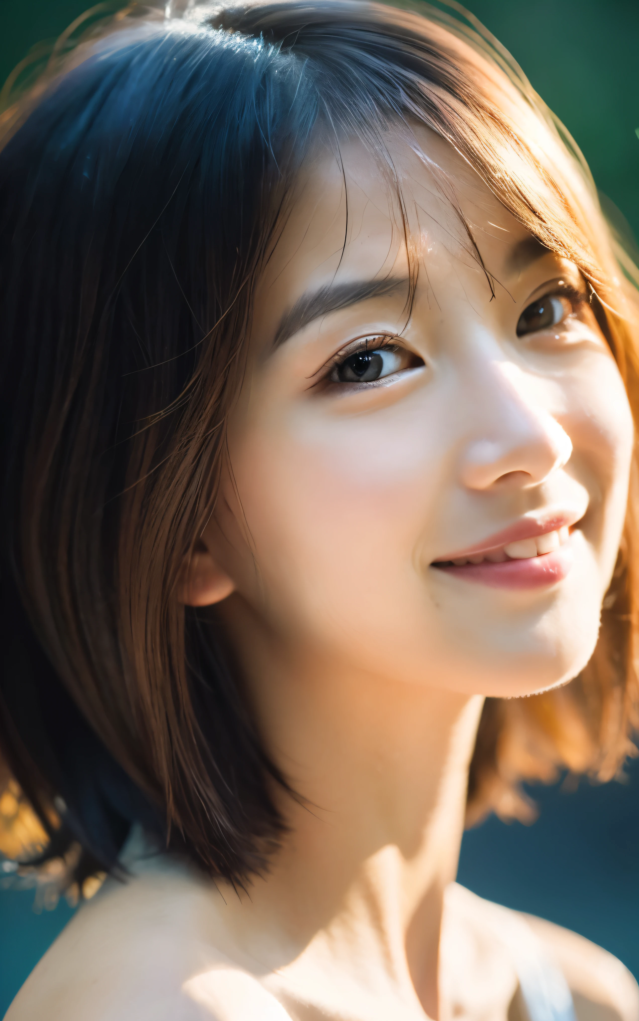 masterpiece, highest quality, 8K, 1 Japanese woman, Beautiful woman in her late thirties to forties、, Closed Mouth, Smile, close, Face close-up, alone, cute, Girly, Delicate girl, Pure beauty, Raw photo, Professional photography, Portraiture, Soft Light, Professional Lighting, Backlight, avert your eyes, Look away, Sophisticated, Film Grain, (Eye and facial details:1.0), medium length floating hair, Beautiful flowing hair,