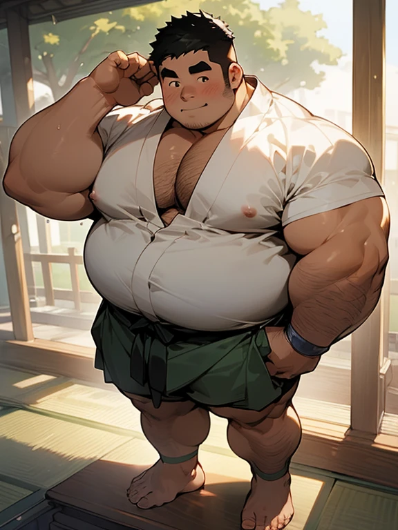 ​masterpiece,top-quality, 8k, nsfw, Japanese, cute, , handsome, fully body, A fat man stand at park, bodybuilder, thick body, nerdy, short legs, Bowleg, Bare legs, bare foot, Shirtless, Shy, bara, huge pecs, chubby, thick arm, Black hair, Round face