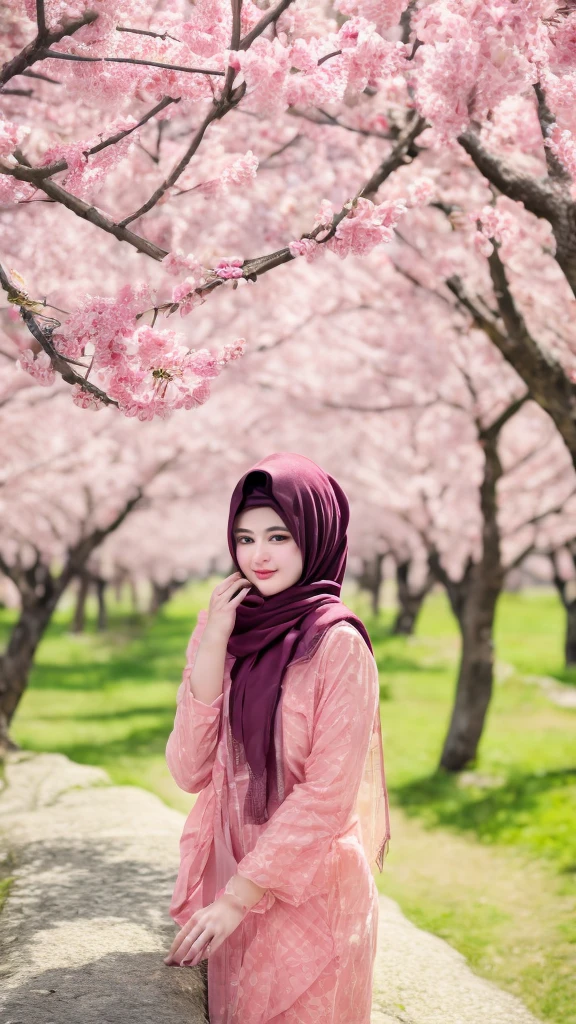 Create a single hyper realistic image of a beautifull hijab girl in an outstanding scene of rays of lighting in a cherry blossom forest, hyper realistic texture.