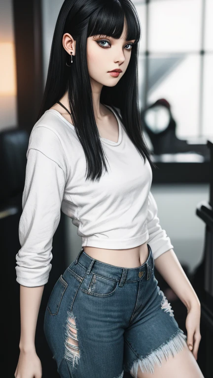 Ultra realistic, real girl, 16K, best quality, High resolution, hot atmosphere, dream atmosphere, 1 girl, 18 years old, Long messy black hair, cute bangs over the forehead, blue eyes, sexy eyes look, pale white skin, light grey skin, wearing alternative black outfit, earrings, fit slim body, big natural breasts, realistic slim hot body, tall and hot girl, seductive, sensual posture, big hips, thick legs, torn clothes, blurred background, Depth, dream aesthetic, Atmosphere of dream, cinematic lighting.