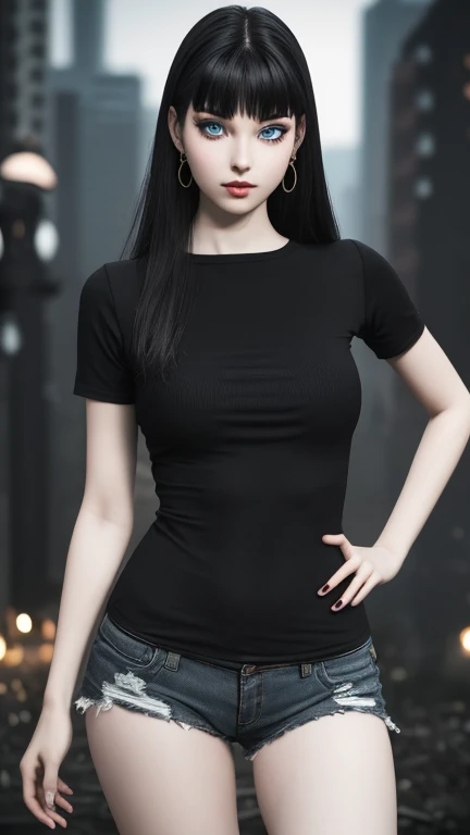 Ultra realistic, real girl, 16K, best quality, High resolution, hot atmosphere, dream atmosphere, 1 girl, 18 years old, Long messy black hair, cute bangs over the forehead, blue eyes, sexy eyes look, pale white skin, light grey skin, wearing alternative black outfit, earrings, fit slim body, big natural breasts, realistic slim hot body, tall and hot girl, seductive, sensual posture, big hips, thick legs, torn clothes, blurred background, Depth, dream aesthetic, Atmosphere of dream, cinematic lighting. 