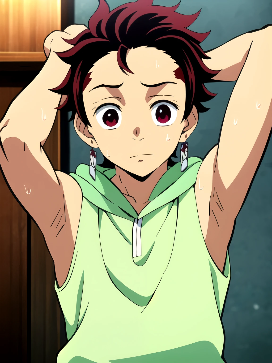 Highres, Masterpiece, Best quality at best,Best Quality,hight quality, hight detailed, 1boy, Tanjirou, scar, Red hair, Earring, Shota, Sleeveless hoodie, Sweat, Slim body, Upper body, Depth of field, (Showing armpit:1.3), Seen from front, (very small and short stature), (very young boy), 12-year-old boys, Blurry beckground