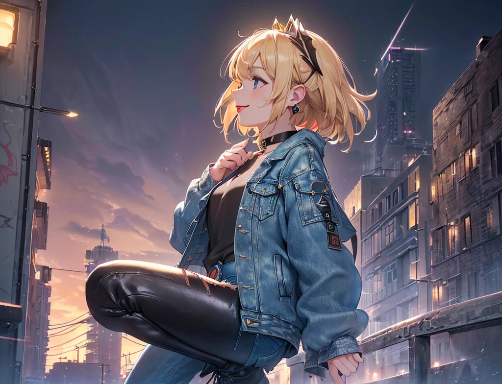 ((((From the side)))),((((profile)))),(((human_focus))),(((building_composition))),(((City))),(((the way))),((1girl)),((((10 )))),(bangs), ((bright blue eyes)), ((blonde hair)),((medium hair)),((bob hair)),((jewelry)),((multicolored hair)), ((earrings)),((tiara)),((choker)),((small breasts)),(((((Denim Jacket))))),((((Black Shirt)))),((((Leather pants)))),((graffiti art)),((urban wall)),((dutch angle)),(((hair blowing in the wind))),((strong wind)),(prism reflection),((diffraction of light)),((tyndall effect),(((pale red lip))),(((fuller lips))),(((beeline))),(((sense of depth))),((highest quality)),((32K)),((HDR)),((Ultra-high resolution)),((RAW)),((Realism)),((masterpiece)),(Intricate details),(Delicate and beautiful details),((((madeon)))),((perfect anatomy)),gleaming skin,(best illuminate),(cinematic shadows),((absolutely resolution)),((incredibly absurdres)),((highres)),(refraction_1.4),((ultra detailed)),((light smile)),(((cute))),(((Unreal Engine))),(((UwU))),