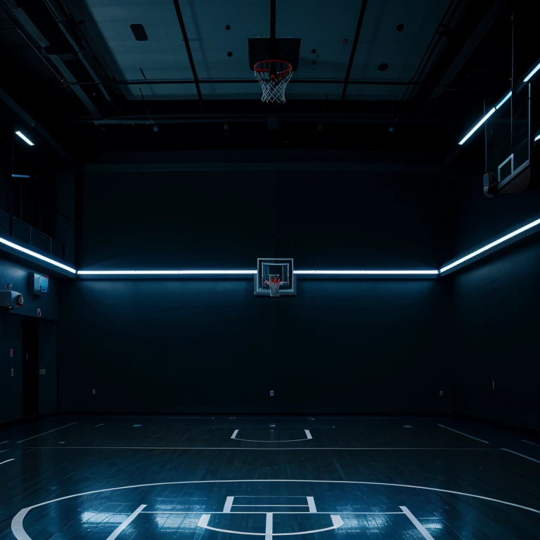 A basketball court with a black background with a blue light on top of the basketball with an NBA champion ring 
