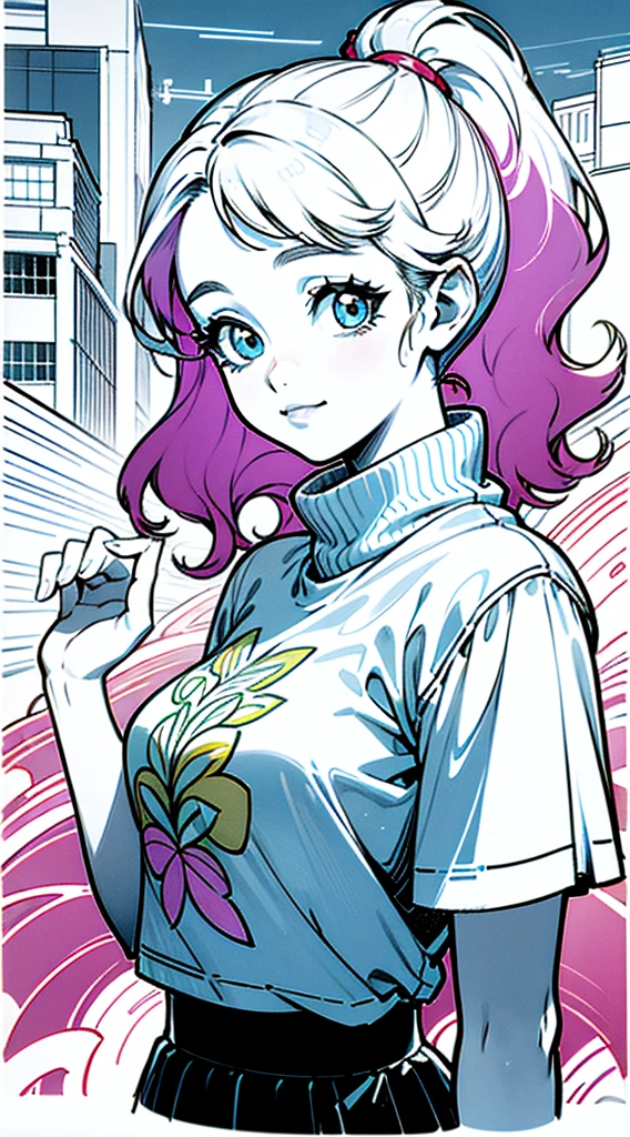 (masterpiece, best quality), one beautiful woman, printed cropped turtleneck shirt, skirt, wavy hair, ponytail, asymmetrical bangs, perfect face, beautiful face, alluring, big gorgeous eyes, soft smile, perfect slim fit body, city streets, (outdoor), seoul, bright colors, (risograph), inspired by smeglejj