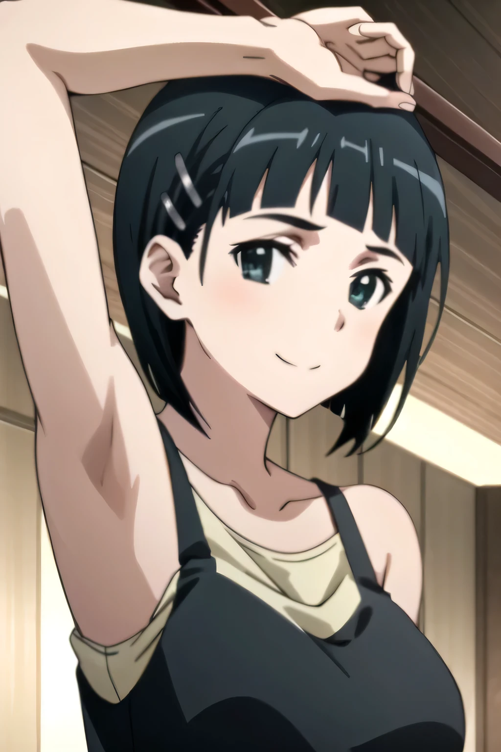 EFT_Sao_Sis, 1girl, kirigaya suguha, solo, black hair, short hair, hair ornament, smile, green eyes, hairclip, upper body, shirt, collarbone, anime coloring, sweaty, sweat, wearing tops tank, showing wet armpits