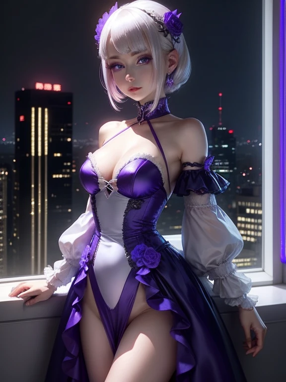 One Woman、Purple dress、White Hair、((blue eyes))、Captivating eyes、Night view