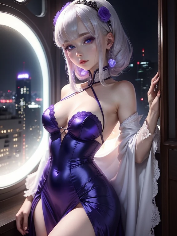 One Woman、Purple dress、White Hair、((blue eyes))、Captivating eyes、Night view