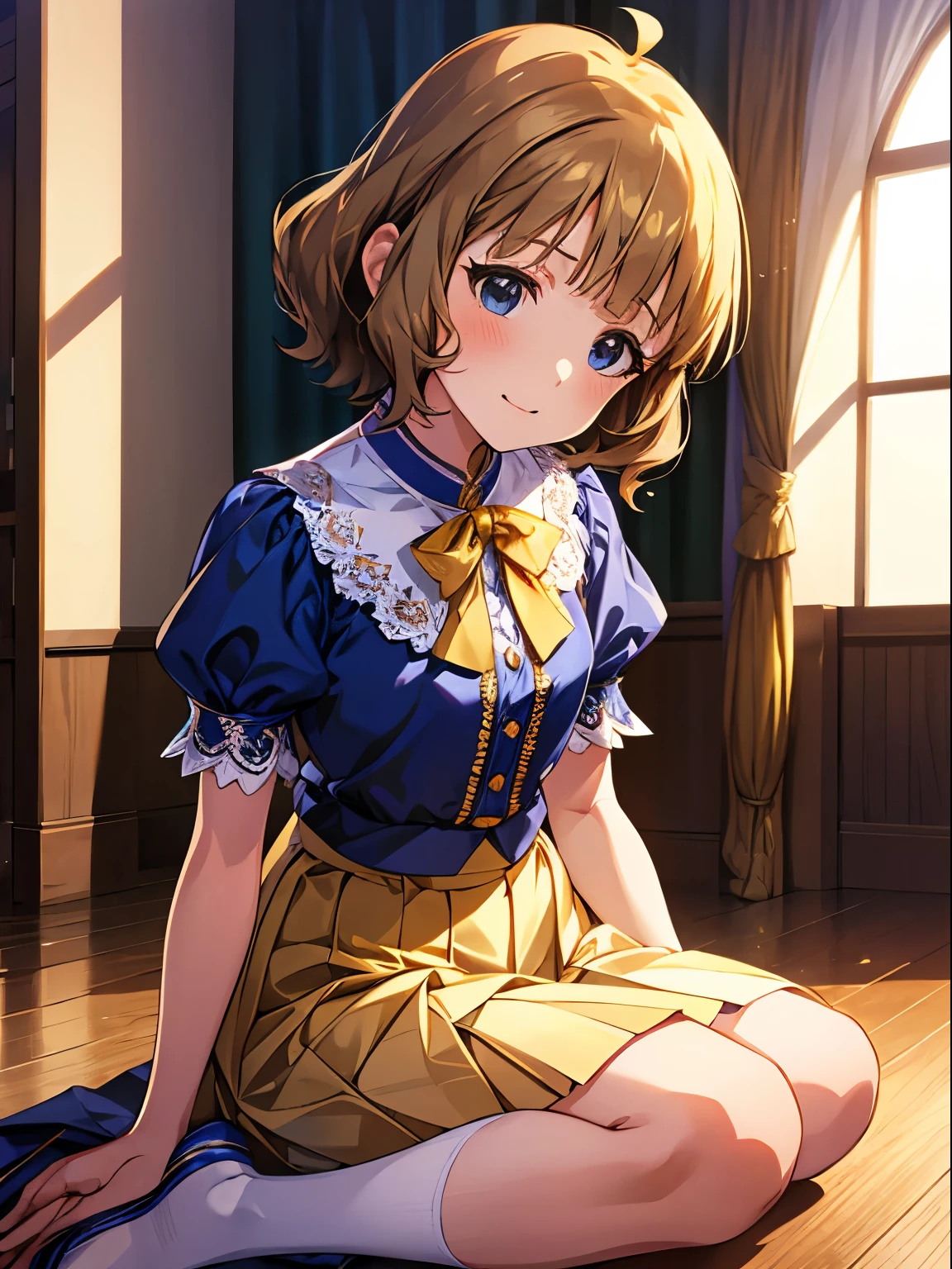 momoko suou (million live), 1 girl, Solo, Cute Girl,Best Quality, Ultra-detailed, 8K, High resolution, detailed face, blue blouse, collared blouse, lacy collar, short sleeves, puffy sleeves, light yellow skirt, pleated skirt, looking at viewer, kneeling, sitting on the floor,