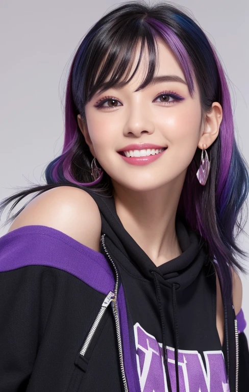 Unique and diverse images of a young realistic women with a big joyful smile with showing teeth, Creamy white skin contrasts with vibrant purple background, Capture your beautiful heart shape face and body in one photo, concave bangs, short choppy layers framing face, sidlocks, shoulder length wavy hair cascading down the shoulders, her hair is styled as two side up, multicolored hair (black and purple streaked hair),purple hair:black  hair: 1.3 ,black and purple, two – tone hair, jucy strawberry lips, rosy checks, smoky eyeshadow, winged eyeliner, ((streetwear)), hoodie dress, multiple hoodie, hairclip, bat wings hair ornament, numerous piercings ,chocker, nailpolish, (realistic woman) ,(ulzzang-6500:0.4)
