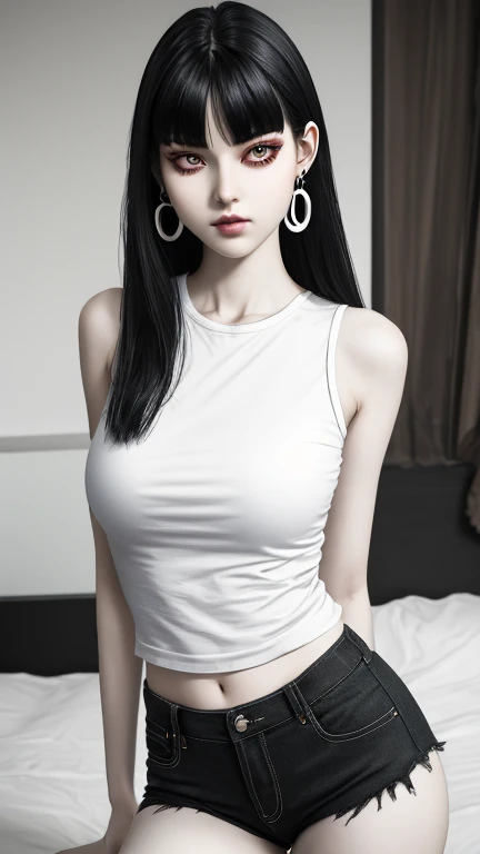 Ultra realistic, real girl, 16K, best quality, High resolution, hot atmosphere, dream atmosphere, 1 girl, 18 years old, Long messy black hair, cute bangs over the forehead, evil eyes, sexy eyes look, pale white skin, light grey skin, wearing alternative black outfit, earrings, fit slim body, big natural breasts, realistic slim hot body, tall and hot girl, seductive, sensual posture, big hips, thick legs, torn clothes, blurred background, Depth, dream aesthetic, Atmosphere of dream, cinematic lighting.