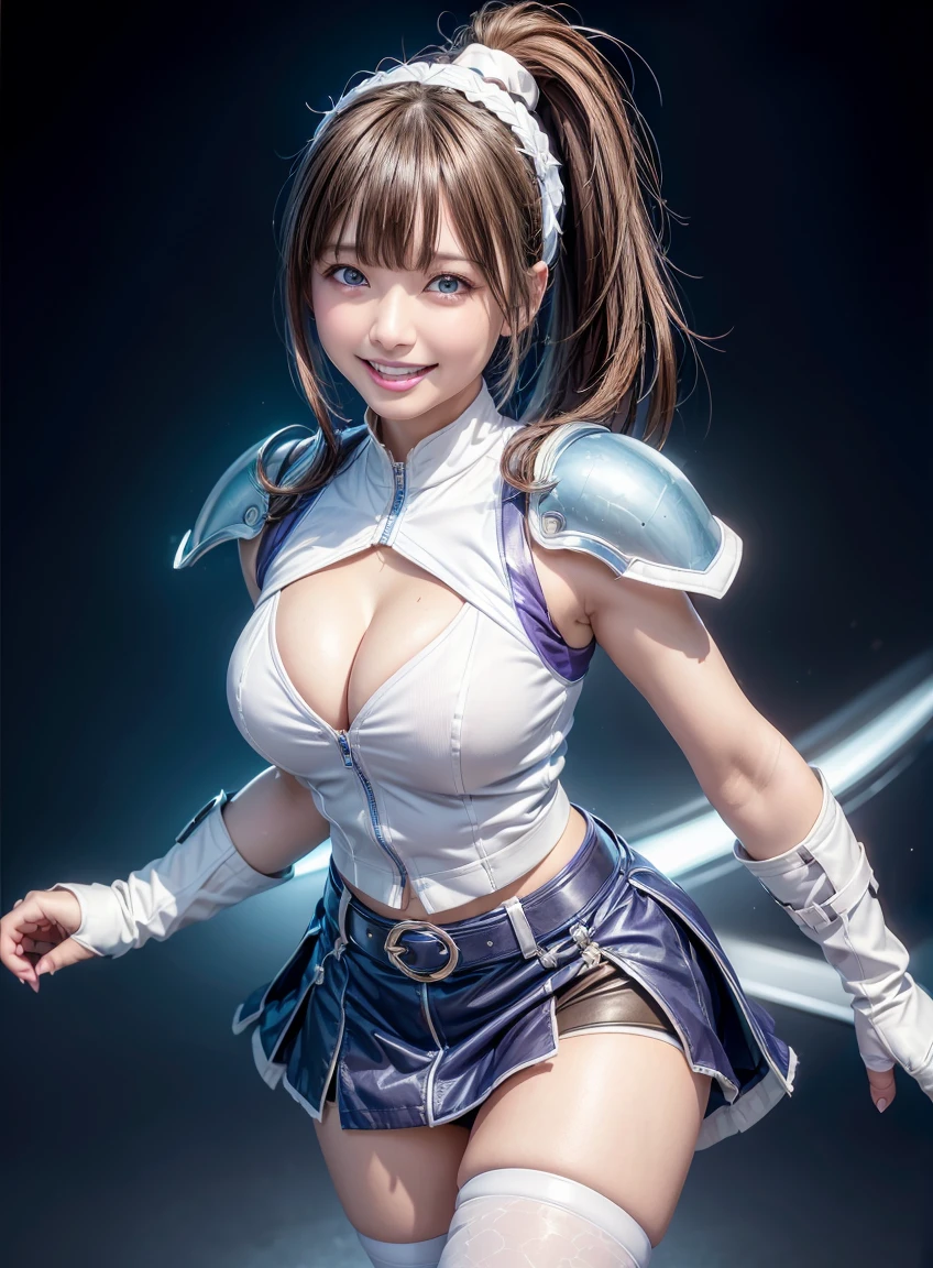 (highest quality:1.3), Highly detailed CG Unity 8k wallpaper, 32K, Realistic, Ultra-high resolution RAW photos, Beautiful and clear face, White skin, Real Skin, Finely textured fabric, Detailed hair texture, Perfect body, Beautiful Features, Accurate fingering, Anatomically correct, Highly detailed face and skin texture, One Girl, cute,Brown Hair, ((ponytail, Azure Eyes: 1. 2)), ((Smiling with white teeth:1.3))、Thick bangs、Sleeveless jacket、Open jacket、Pencil Skirt、White panties peeking out from under the skirt、Belt at waist、Knee-high boots、Leather gloves、(Blue and purple neon lights flashing), Volumetric lighting, Soft Light、Crouching posture、