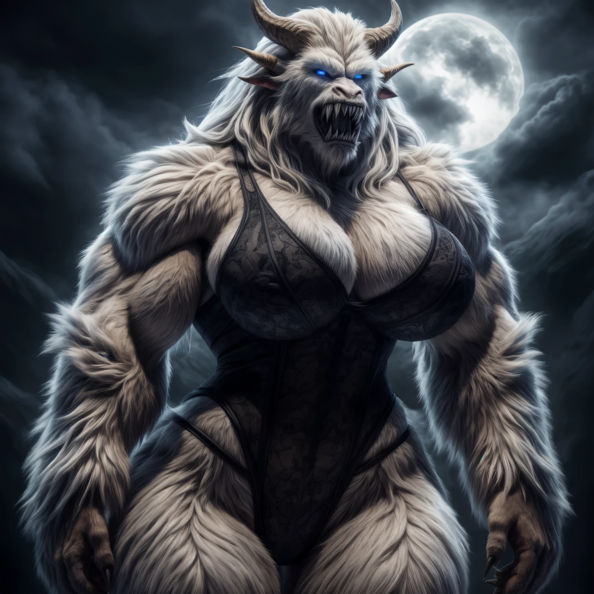 "(best quality, highres, realistic:1.37), photorealistic portrait, woman transformed into a yeti monster, black lace highcut leotard, large busty breasts, super muscular body, curvy figure, broad hips, fur covering the body, long flowing hair, sharp claws, intimidating sharp teeth, strong jaws, imposing horns, piercing blue eyes, dramatic lighting"