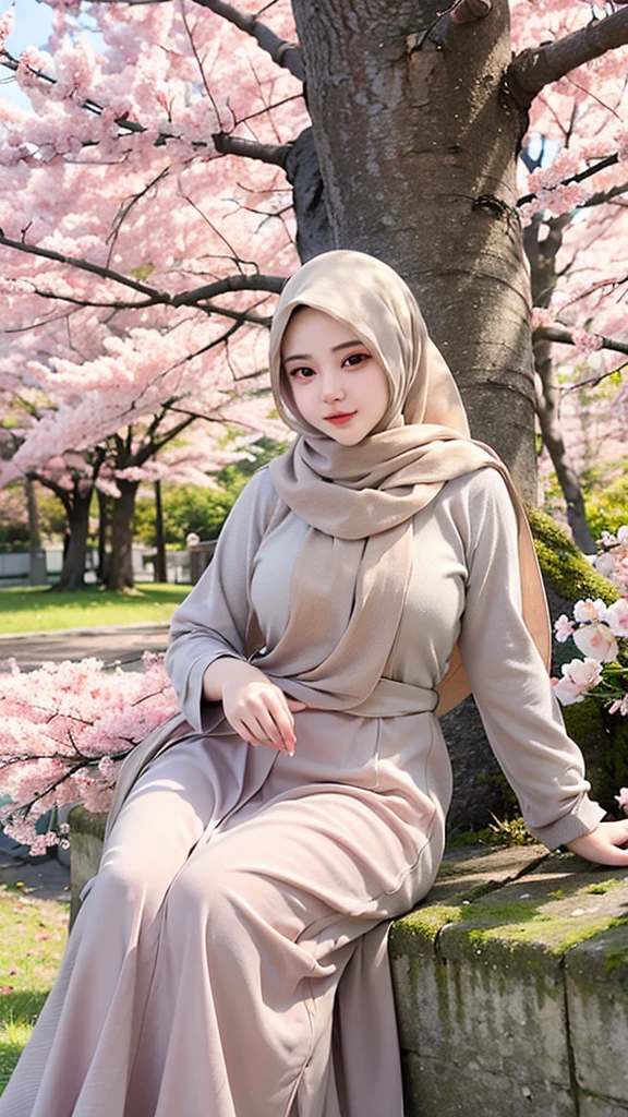 Create a single hyper realistic image of a beautifull hijab girl in an outstanding scene of rays of lighting in a cherry blossom forest, hyper realistic texture.
