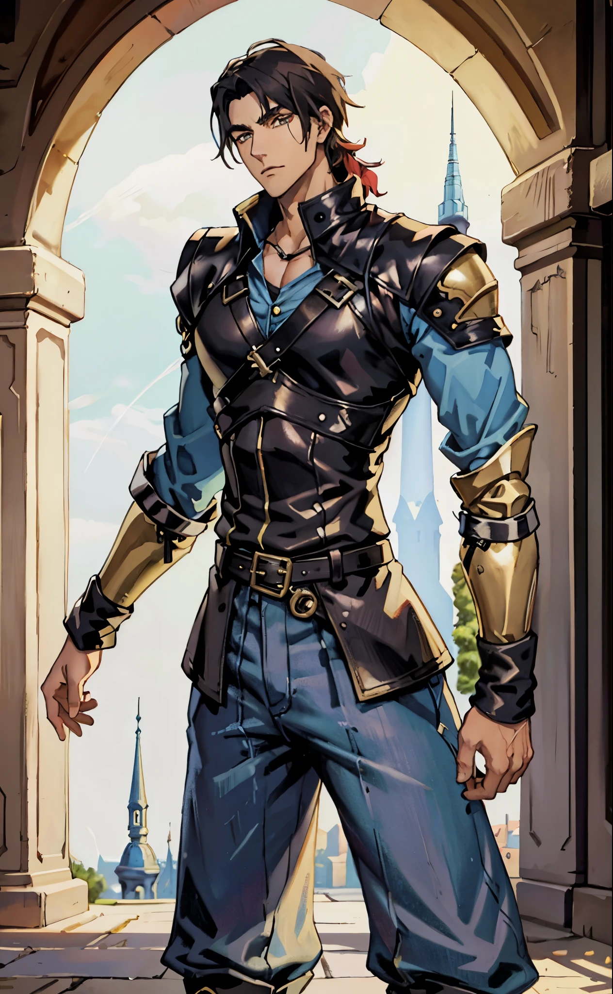 A man with medium-length black hair, arched side-swept bangs, slender eyes, an oval face, refined features, confident expression, tall and slender physique, a fantasy-style leather coat with a leather chest protector on top, wrist guards, fabric trousers with a long hem, a belt buckle featuring a square pattern, primarily in brown with black and red accents, the backdrop of a magnificent fantasy-style giant city gate, this character embodies a finely crafted fantasy-style scout in anime style, exquisite and mature manga art style, high definition, best quality, highres, ultra-detailed, ultra-fine painting, extremely delicate, professional, perfect body proportions, golden ratio, anatomically correct, symmetrical face, extremely detailed eyes and face, high quality eyes, creativity, RAW photo, UHD, 32k, Natural light, cinematic lighting, masterpiece-anatomy-perfect, masterpiece:1.5
