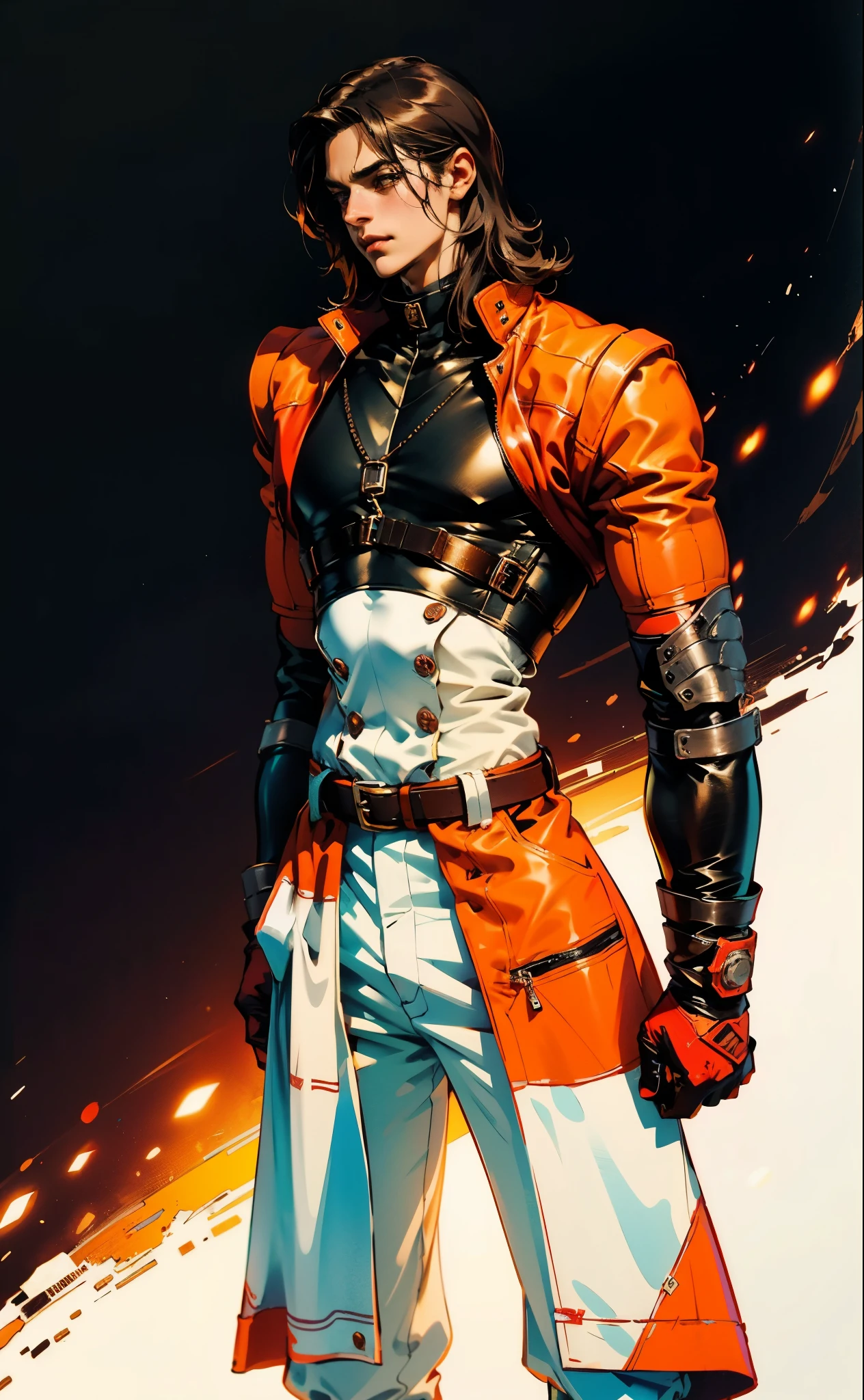 A man with medium-length black hair, arched side-swept bangs, slender eyes, an oval face, refined features, confident expression, tall and slender physique, a fantasy-style leather coat with a leather chest protector on top, wrist guards, fabric trousers with a long hem, a belt buckle featuring a square pattern, primarily in brown with black and red accents, the backdrop of a magnificent fantasy-style giant city gate, this character embodies a finely crafted fantasy-style scout in anime style, exquisite and mature manga art style, high definition, best quality, highres, ultra-detailed, ultra-fine painting, extremely delicate, professional, perfect body proportions, golden ratio, anatomically correct, symmetrical face, extremely detailed eyes and face, high quality eyes, creativity, RAW photo, UHD, 32k, Natural light, cinematic lighting, masterpiece-anatomy-perfect, masterpiece:1.5