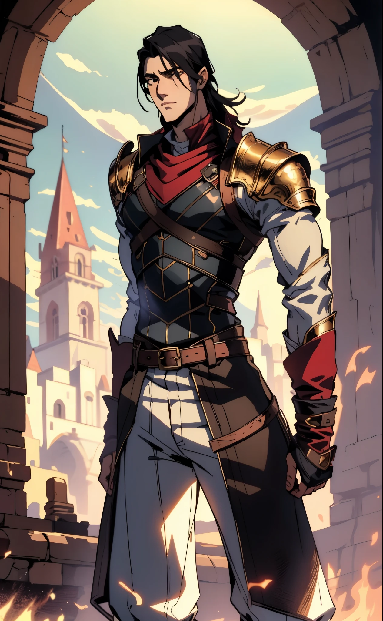 A man with medium-length black hair, arched side-swept bangs, slender eyes, an oval face, refined features, confident expression, tall and slender physique, a fantasy-style leather coat with a leather chest protector on top, wrist guards, fabric trousers with a long hem, a belt buckle featuring a square pattern, primarily in brown with black and red accents, the backdrop of a magnificent fantasy-style giant city gate, this character embodies a finely crafted fantasy-style scout in anime style, exquisite and mature manga art style, high definition, best quality, highres, ultra-detailed, ultra-fine painting, extremely delicate, professional, perfect body proportions, golden ratio, anatomically correct, symmetrical face, extremely detailed eyes and face, high quality eyes, creativity, RAW photo, UHD, 32k, Natural light, cinematic lighting, masterpiece-anatomy-perfect, masterpiece:1.5