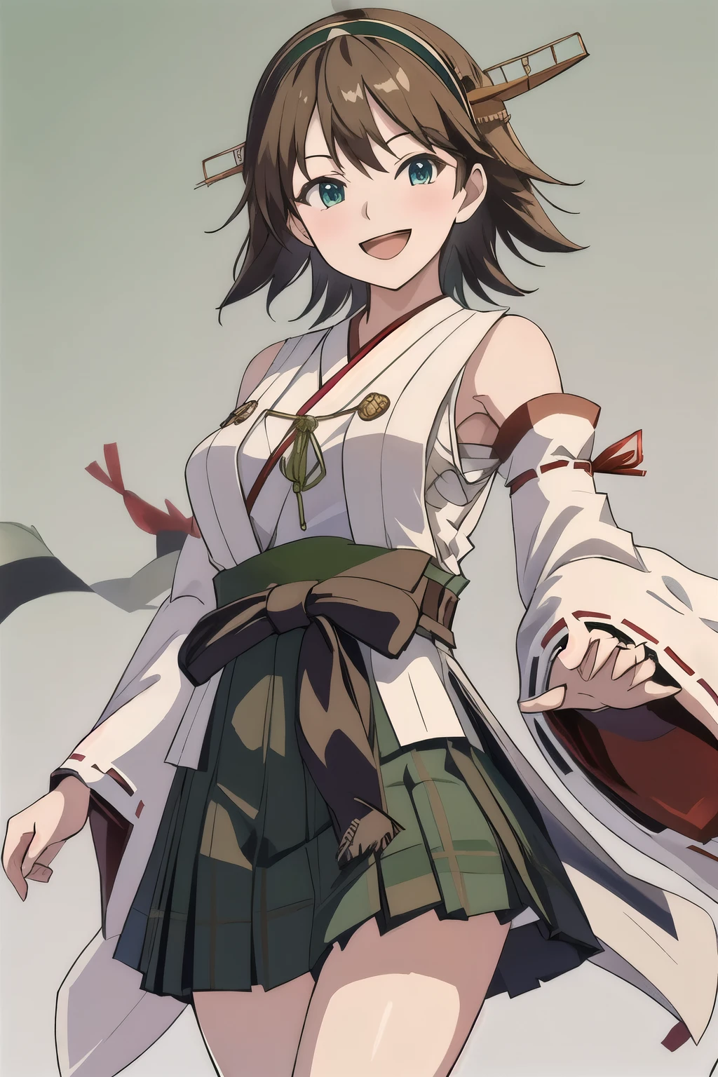 highest quality, masterpiece, High resolution, 一人in, {Mount Hiei_Fleet Collection:1.15}, Brown_hair, short_hair, hairband, headgear, Non-traditional_Miko, smile, green_eye, Inverted up_hair, Open_mouth, One girl, independent_sleeve, green_skirt, Japanese_Clothes, one hour_drawing_Challenge, Plaid, Plaid_skirt, ribbon-trimmed_sleeve, ribbon_trim, skirt, dined, Looking_in_Audience, Simple_background, white_background, twitter_username, wide_sleeve