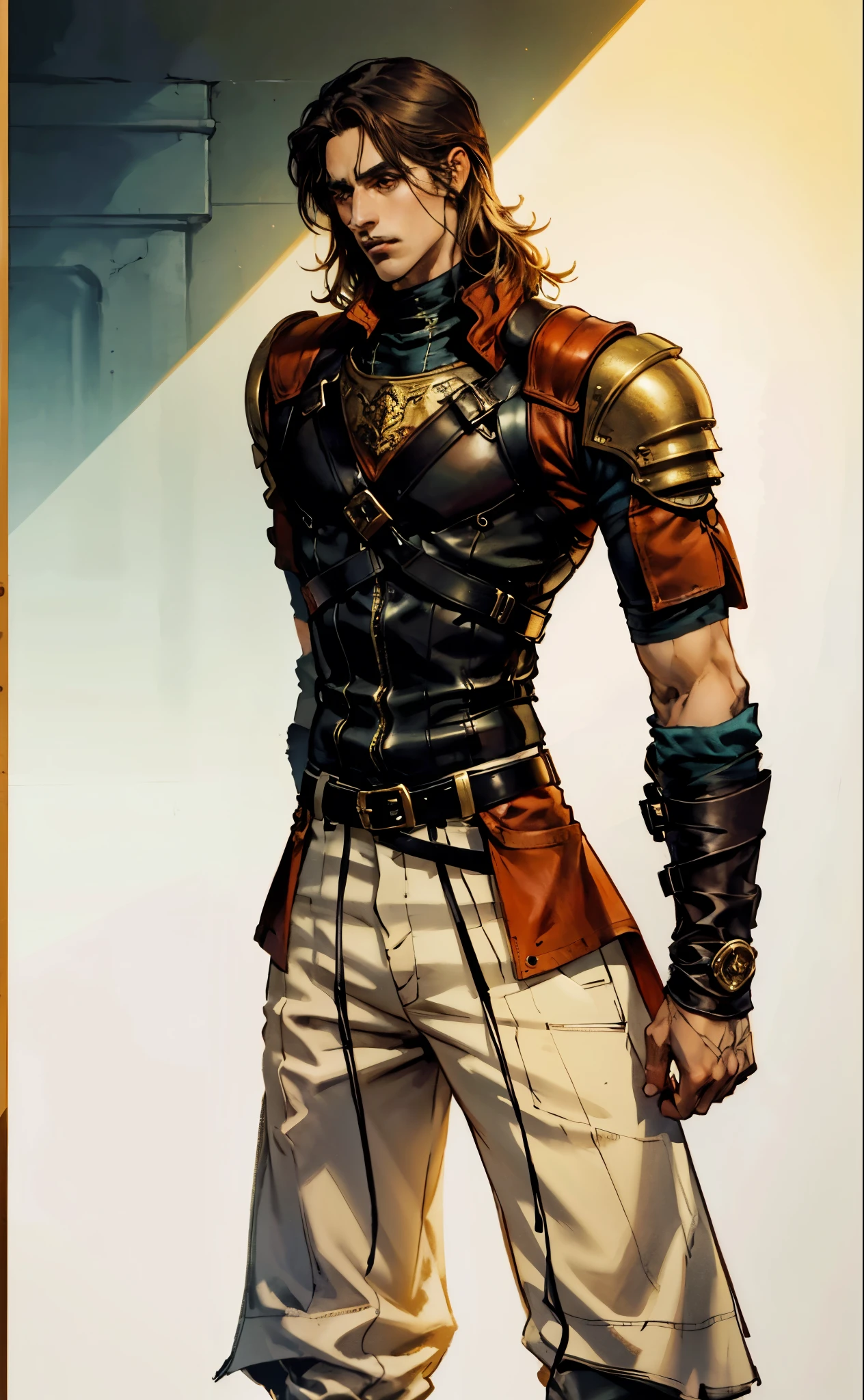 A man with medium-length black hair, arched side-swept bangs, slender eyes, an oval face, refined features, confident expression, tall and slender physique, a fantasy-style leather coat with a leather chest protector on top, wrist guards, fabric trousers with a long hem, a belt buckle featuring a square pattern, primarily in brown with black and red accents, the backdrop of a magnificent fantasy-style giant city gate, this character embodies a finely crafted fantasy-style scout in anime style, exquisite and mature manga art style, high definition, best quality, highres, ultra-detailed, ultra-fine painting, extremely delicate, professional, perfect body proportions, golden ratio, anatomically correct, symmetrical face, extremely detailed eyes and face, high quality eyes, creativity, RAW photo, UHD, 32k, Natural light, cinematic lighting, masterpiece-anatomy-perfect, masterpiece:1.5