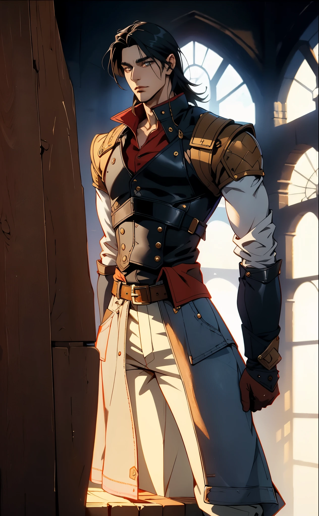 A man with medium-length black hair, arched side-swept bangs, slender eyes, an oval face, refined features, confident expression, tall and slender physique, a fantasy-style leather coat with a leather chest protector on top, wrist guards, fabric trousers with a long hem, a belt buckle featuring a square pattern, primarily in brown with black and red accents, the backdrop of a magnificent fantasy-style giant city gate, this character embodies a finely crafted fantasy-style scout in anime style, exquisite and mature manga art style, high definition, best quality, highres, ultra-detailed, ultra-fine painting, extremely delicate, professional, perfect body proportions, golden ratio, anatomically correct, symmetrical face, extremely detailed eyes and face, high quality eyes, creativity, RAW photo, UHD, 32k, Natural light, cinematic lighting, masterpiece-anatomy-perfect, masterpiece:1.5