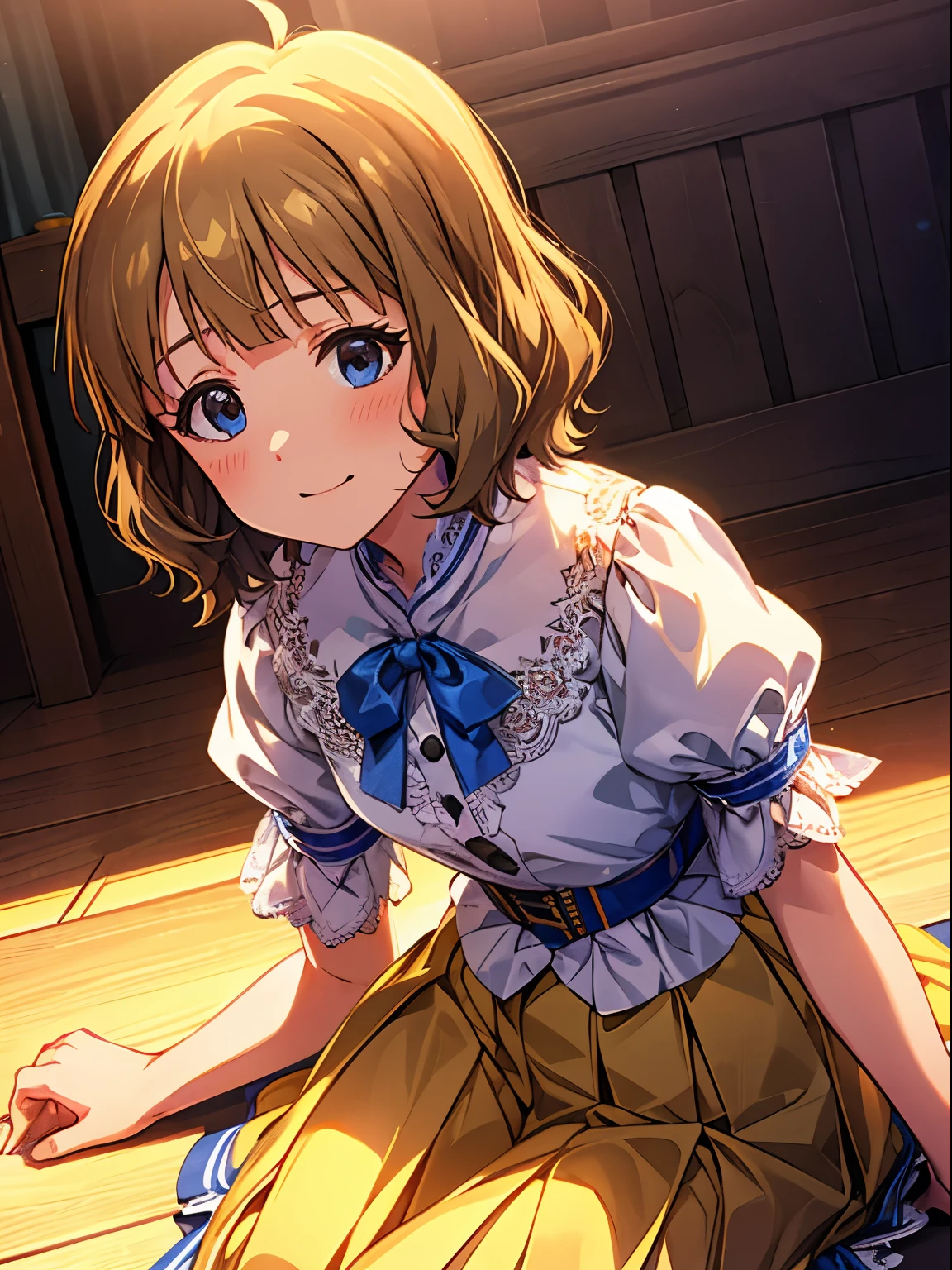 momoko suou (million live), 1 girl, Solo, Cute Girl,Best Quality, Ultra-detailed, 8K, High resolution, detailed face, blue blouse, collared blouse, lacy collar, short sleeves, puffy sleeves, light yellow skirt, pleated skirt, looking at viewer, kneeling, sitting on the floor,