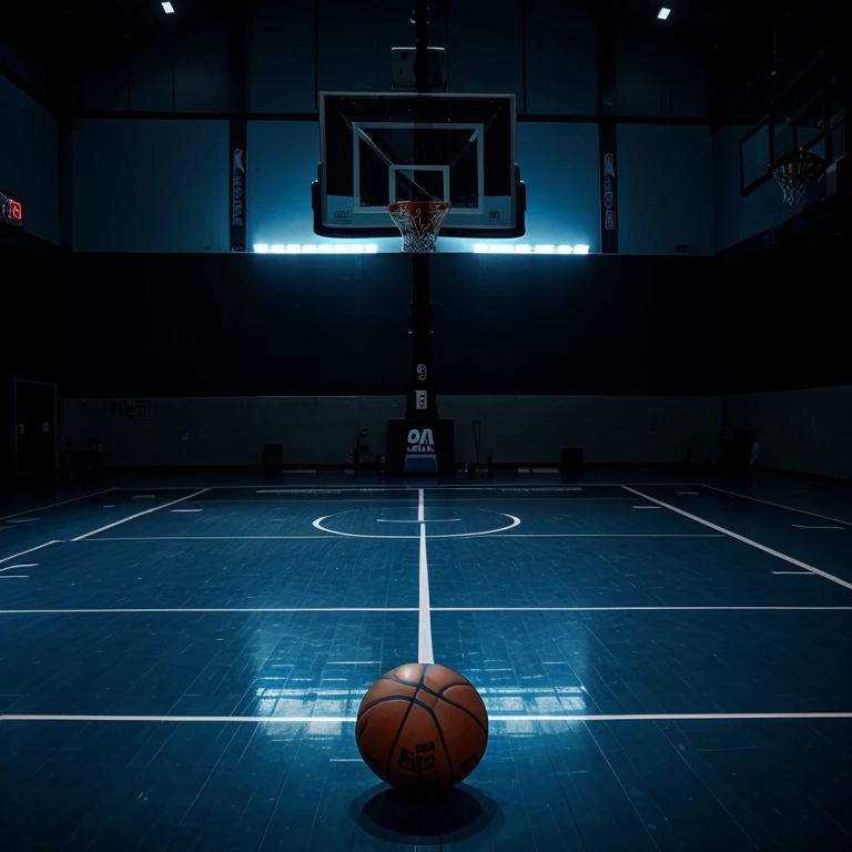 A basketball court with a black background with a blue light on top of the basketball with an NBA champion ring