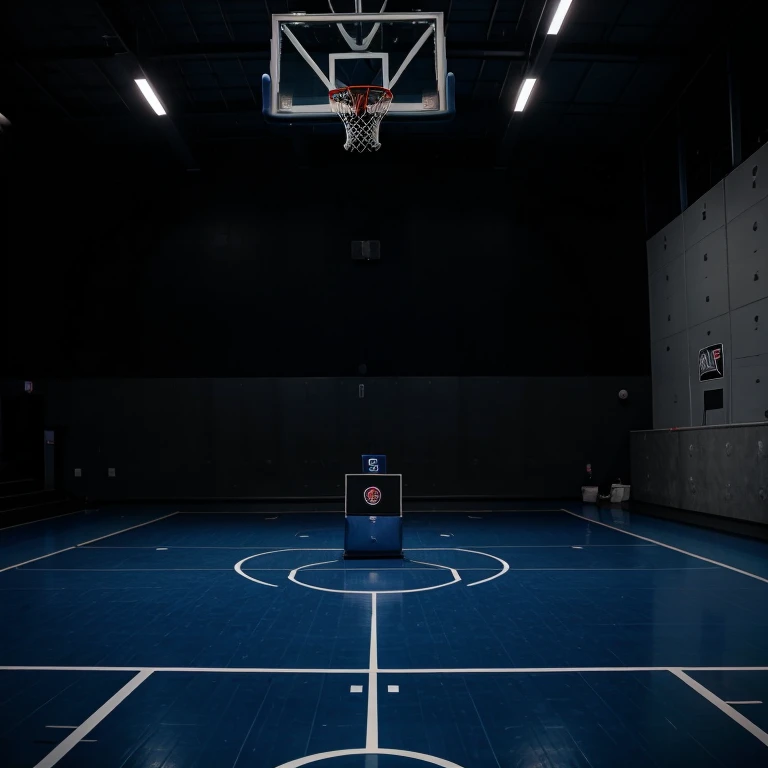 A basketball court with a black background with a blue light on top of the basketball with an NBA champion ring