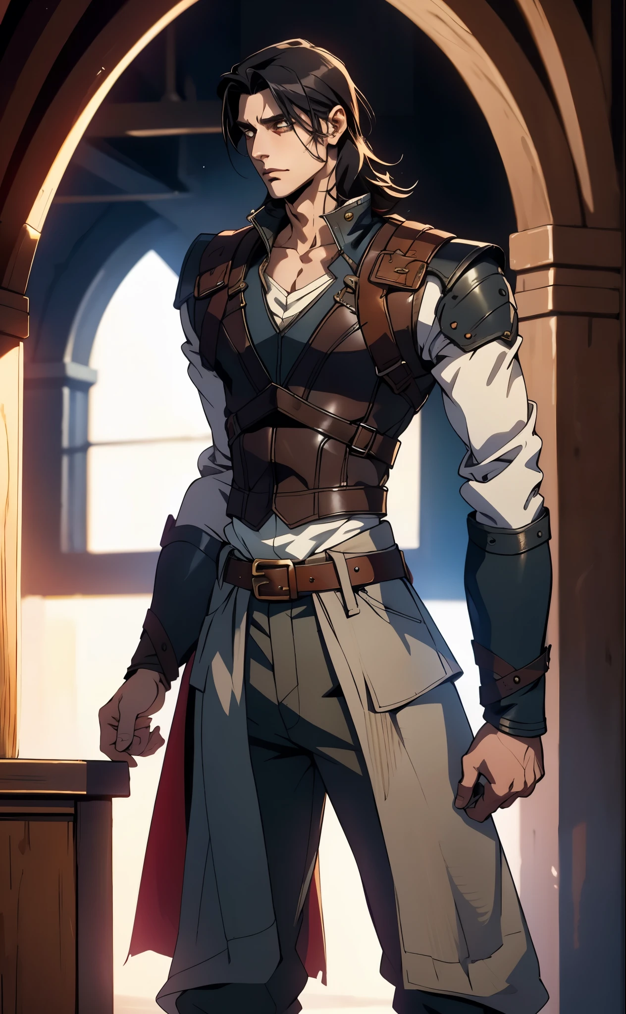 A man with medium-length black hair, arched side-swept bangs, slender eyes, an oval face, refined features, confident expression, tall and slender physique, a fantasy-style leather coat with a leather chest protector on top, wrist guards, fabric trousers with a long hem, a belt buckle featuring a square pattern, primarily in brown with black and red accents, the backdrop of a magnificent fantasy-style giant city gate, this character embodies a finely crafted fantasy-style scout in anime style, exquisite and mature manga art style, high definition, best quality, highres, ultra-detailed, ultra-fine painting, extremely delicate, professional, perfect body proportions, golden ratio, anatomically correct, symmetrical face, extremely detailed eyes and face, high quality eyes, creativity, RAW photo, UHD, 32k, Natural light, cinematic lighting, masterpiece-anatomy-perfect, masterpiece:1.5