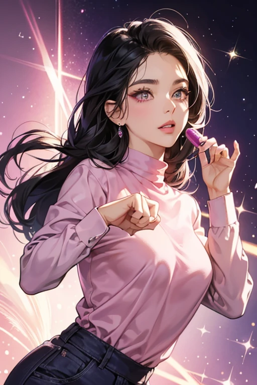 she wears a pink long sleeved shirt, and purple pants. She also has short black hair, eyelashes, and peach lipstick. SPARKLE; GLITTER
