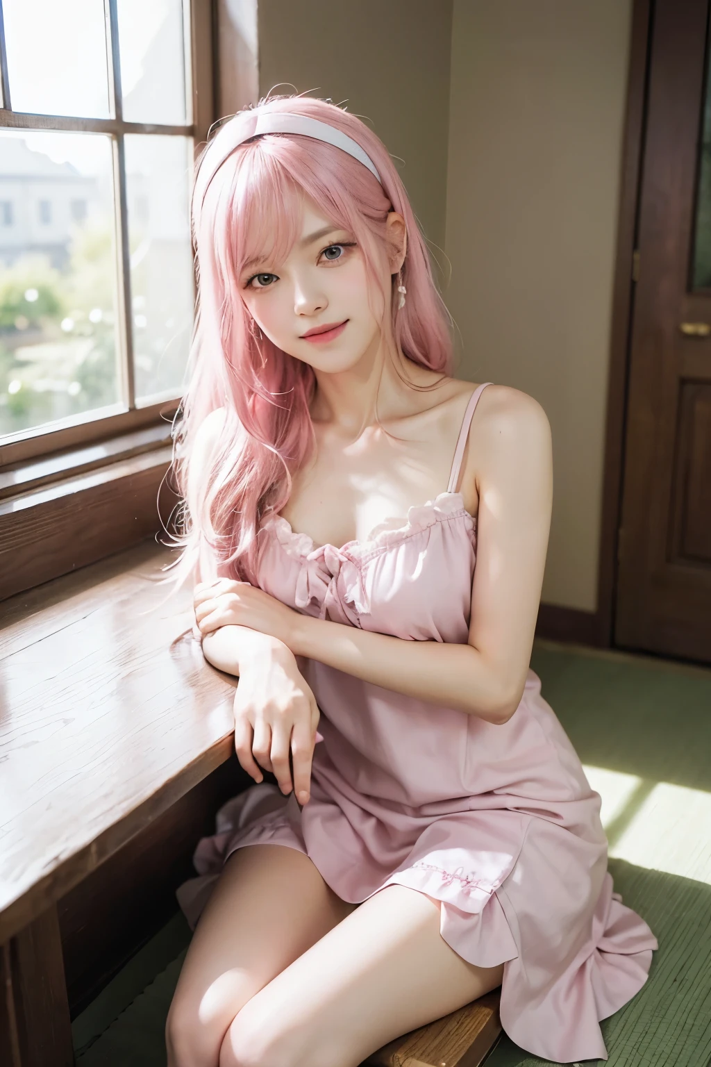 (8K, top-quality, masterpiece:1,2), (reallistic, Photorealsitic:1.37), Super Detail, One girl,), (Highly detailed), (beautifully detailed eyes), (of the highest quality), (super detailed ), (masterpiece), (Detailed face),20yr old, ,1 girl, ((pink hair)), medium breasts, clothed, Perfect Lighting, BREAK (pink dress:1.3), white ribbon, white lace socks, pink ballet shoes, white hairband, (Sakura Matou, fate stay night), BREAK pink long hair, white hairband, purple eyes, smiling, mouth slightly open, no teeth, light blush, right hand crossed over chest, left hand on top of right hand, white ribbon on wrist, shoulders slightly raised, neck slightly tilted to the right, upper body only, standing, face and chest visible, Japanese house, wooden, storeroom in the garden, magic tools and books inside, tatami floor, scroll and painting on the wall, table, chair, sofa, window, garden view, soft light, face, hair, dress texture highlighted, light shadow